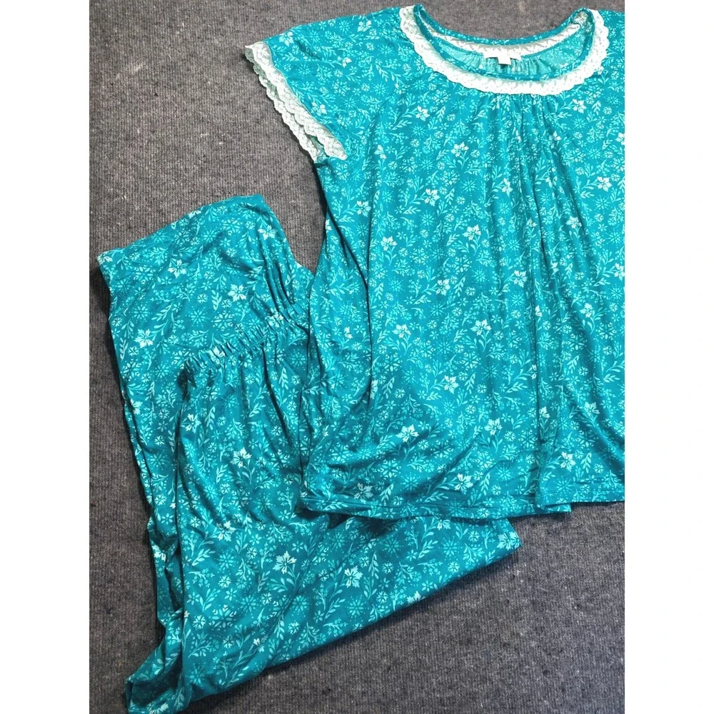 Dreams & Co Teal Floral Lace Trim Pajama Set Plus Size 3X 30/32 Short Sleeve PJ
